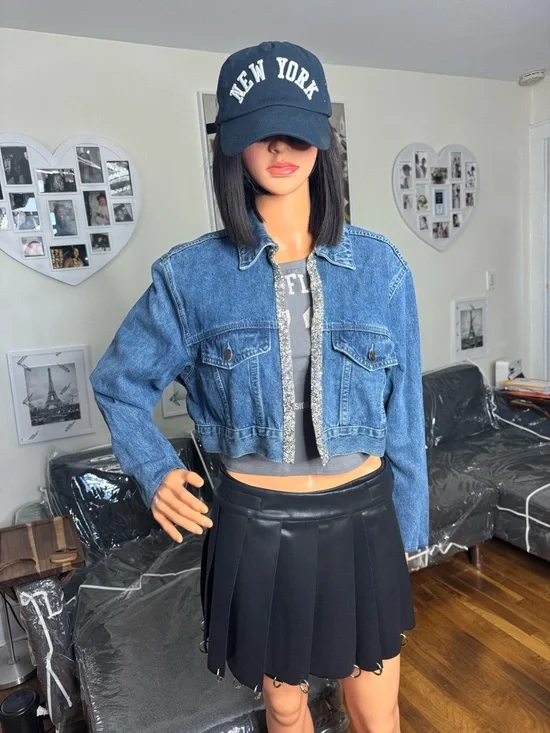 Cropped Blue Denim Jacket with Custom Rhinestone Trim - Picture 2 of 3